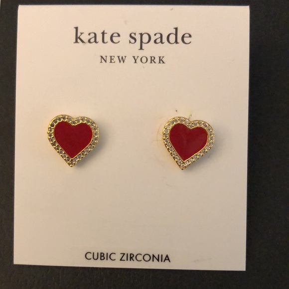 Kate Spade Gold Tone Take Heart Red Enamel & Clear CZ Heart Stud Earrings NWT - Picture 2 of 14